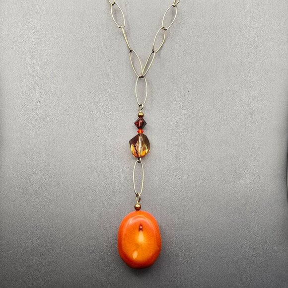VTG 14K Gold Filled Natural Coral Y Drop Necklace 16" Paperclip Chain w/ Crystal - Picture 11 of 16